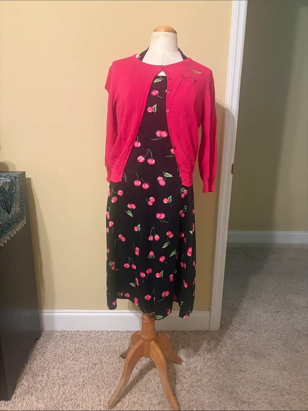 Retro Cherry Print Black Dress with Pink Cardigan